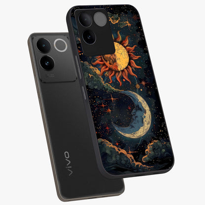 Sun And Moon Magic Design Glass Case displayed in angled mockup highlighting celestial design with magical cosmic aesthetic.