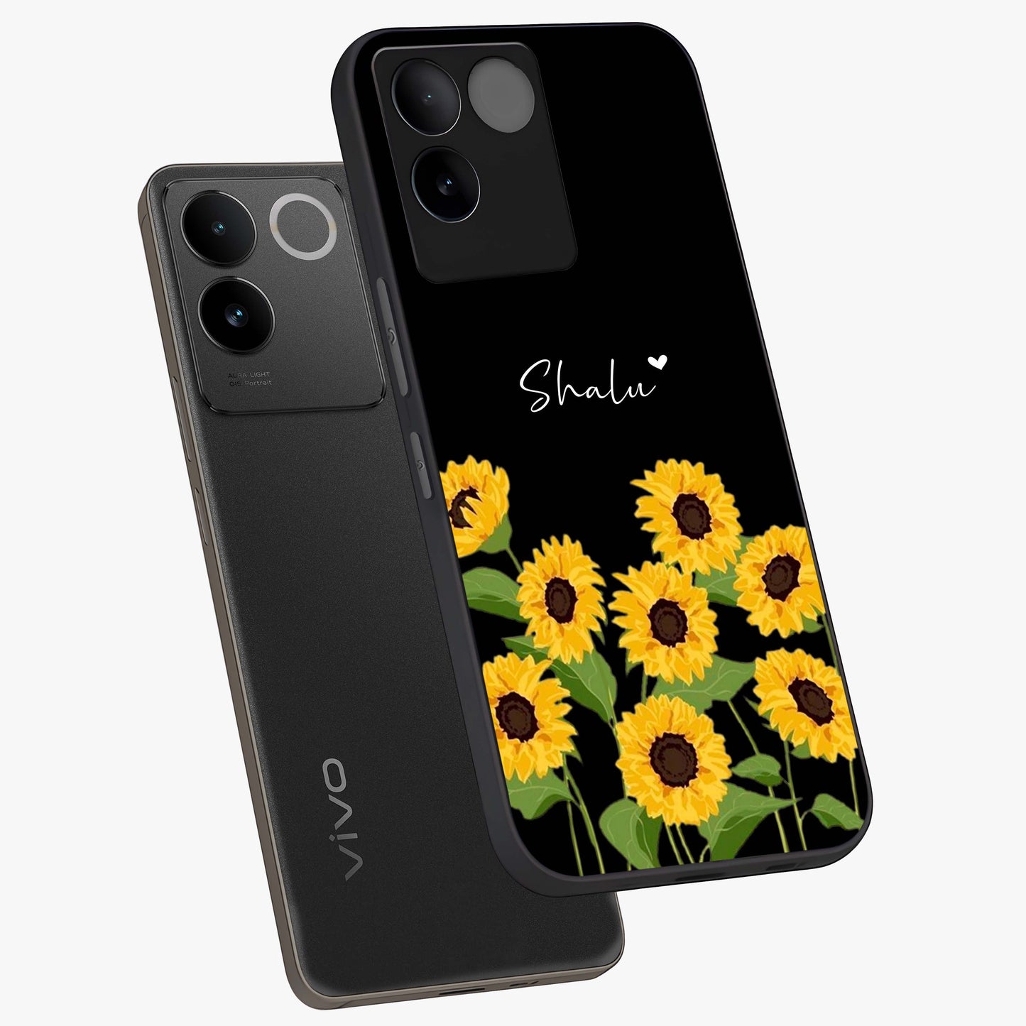 Sunflower Chic Mood Custom Name Glass Case displayed in angled mockup highlighting vibrant sunflower design with custom name feature.