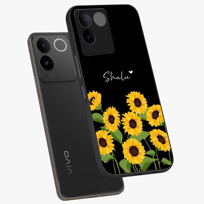 Sunflower Chic Mood Custom Name Glass Case displayed in angled mockup highlighting vibrant sunflower design with custom name feature.