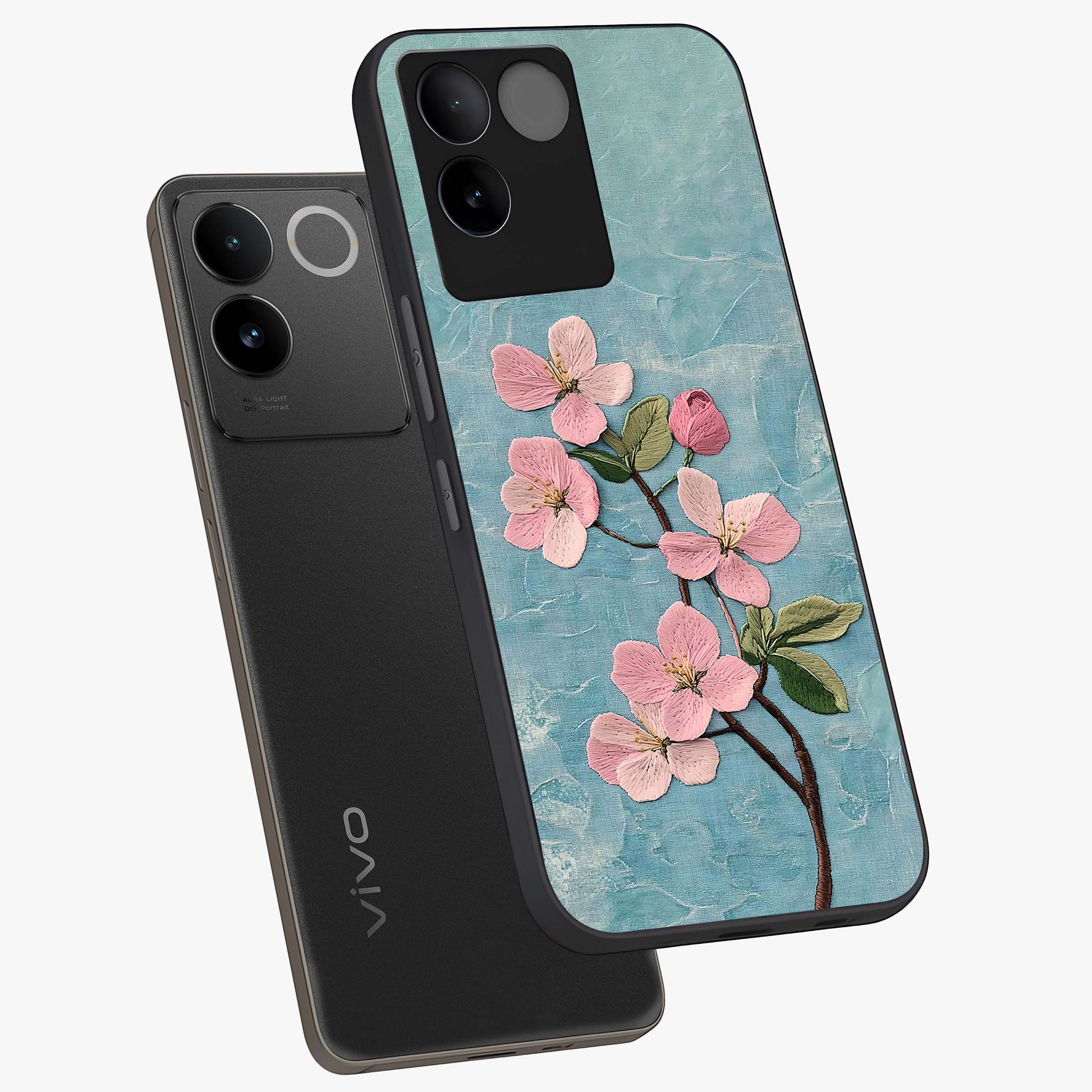 Threaded Blossom Breeze Glass Case displayed in angled mockup highlighting elegant floral design with soft aesthetic style.