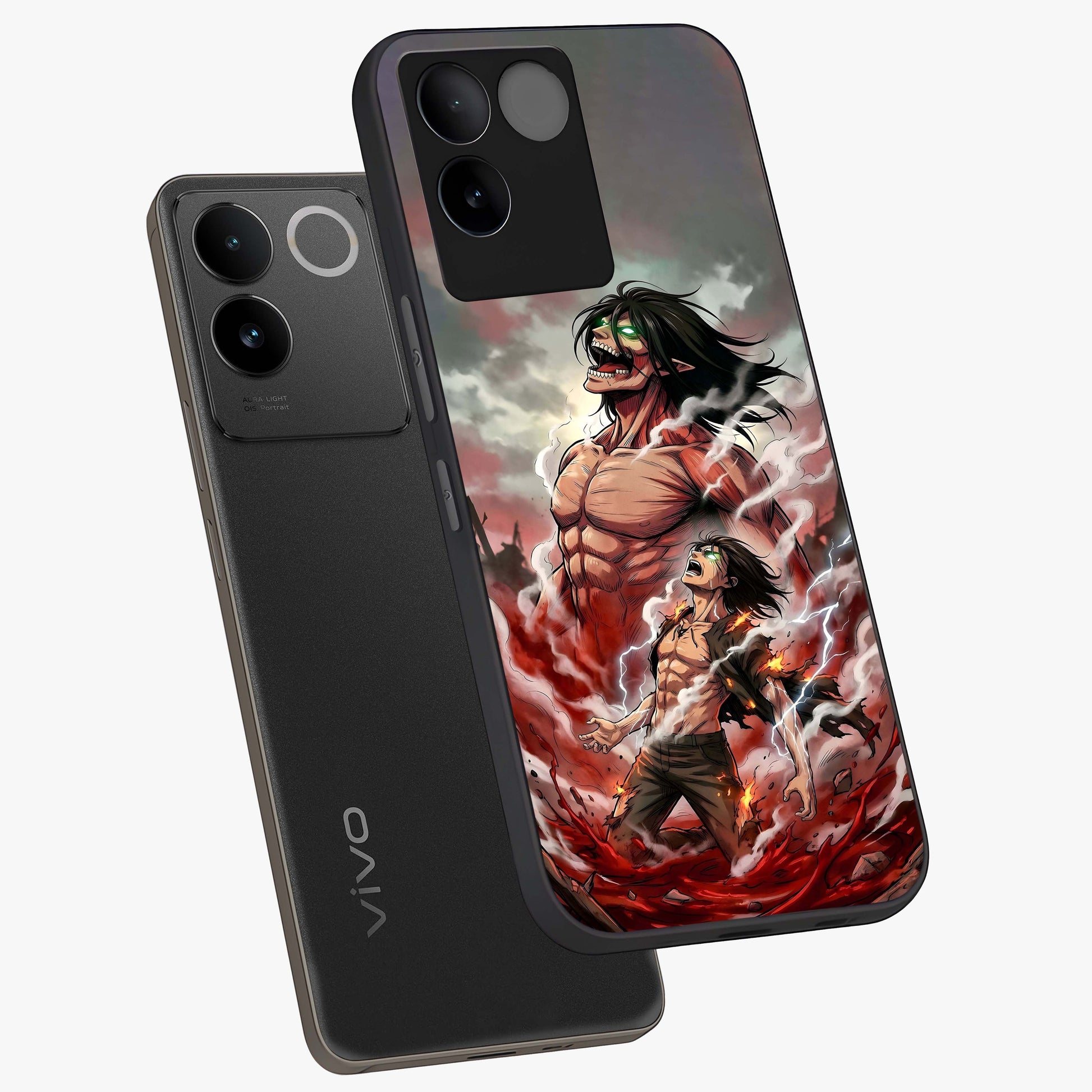 Titan Awakening Fury Glass Case displayed in angled mockup highlighting dramatic giant warrior design with bold anime aesthetic.
