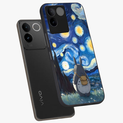 Totoro In Van Gogh Art Glass Case displayed in angled mockup highlighting artistic swirling sky design with playful animation aesthetic.