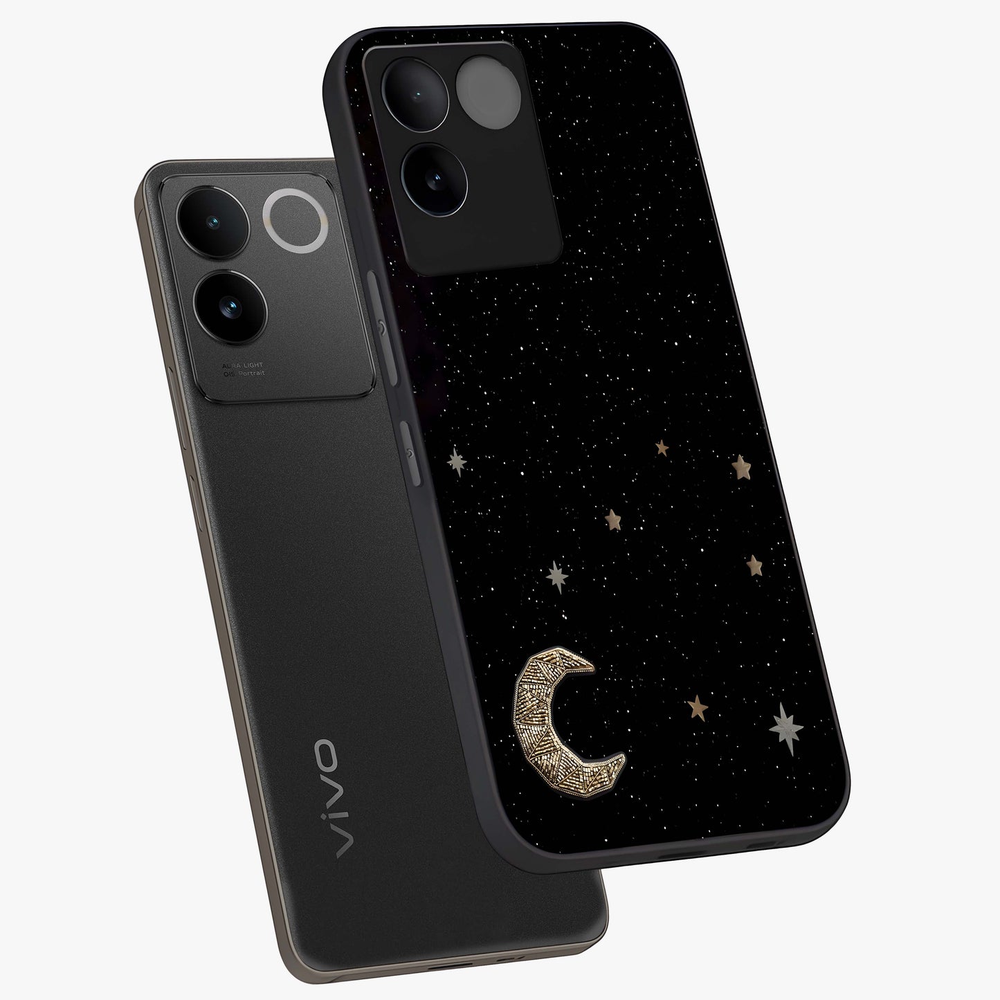 Twinkle Star With Half Moon Glass Case displayed in angled mockup highlighting celestial moon and star design with magical aesthetic.