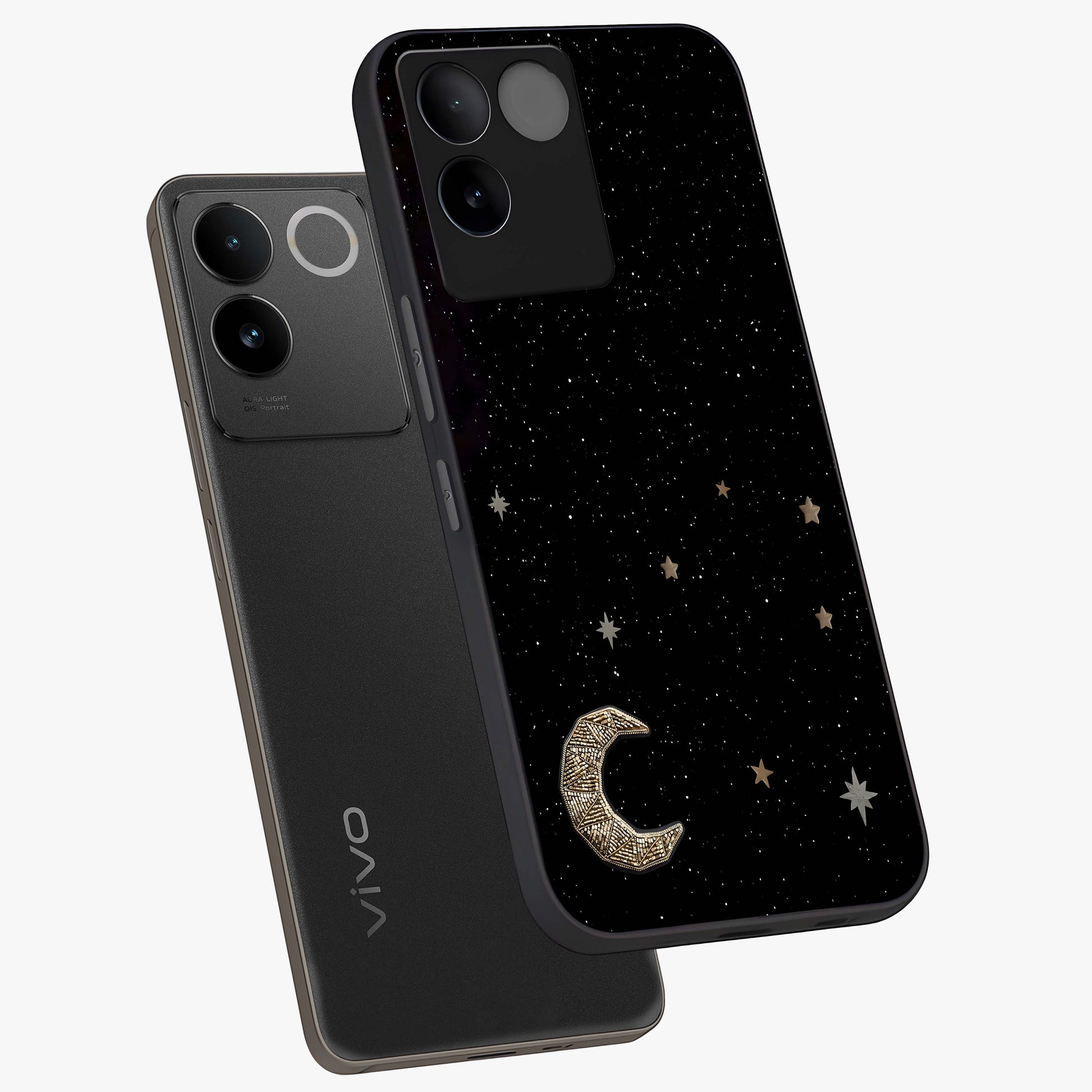 Twinkle Star With Half Moon Glass Case displayed in angled mockup highlighting celestial moon and star design with magical aesthetic.