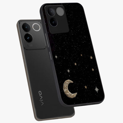 Twinkle Star With Half Moon Glass Case displayed in angled mockup highlighting celestial moon and star design with magical aesthetic.