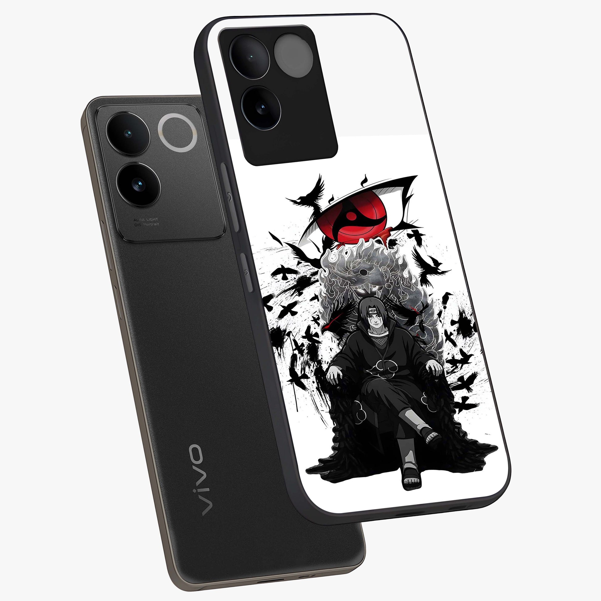 Uchiha Shadow Throne Glass Case displayed in angled mockup highlighting glowing aquatic design with celestial aesthetic.