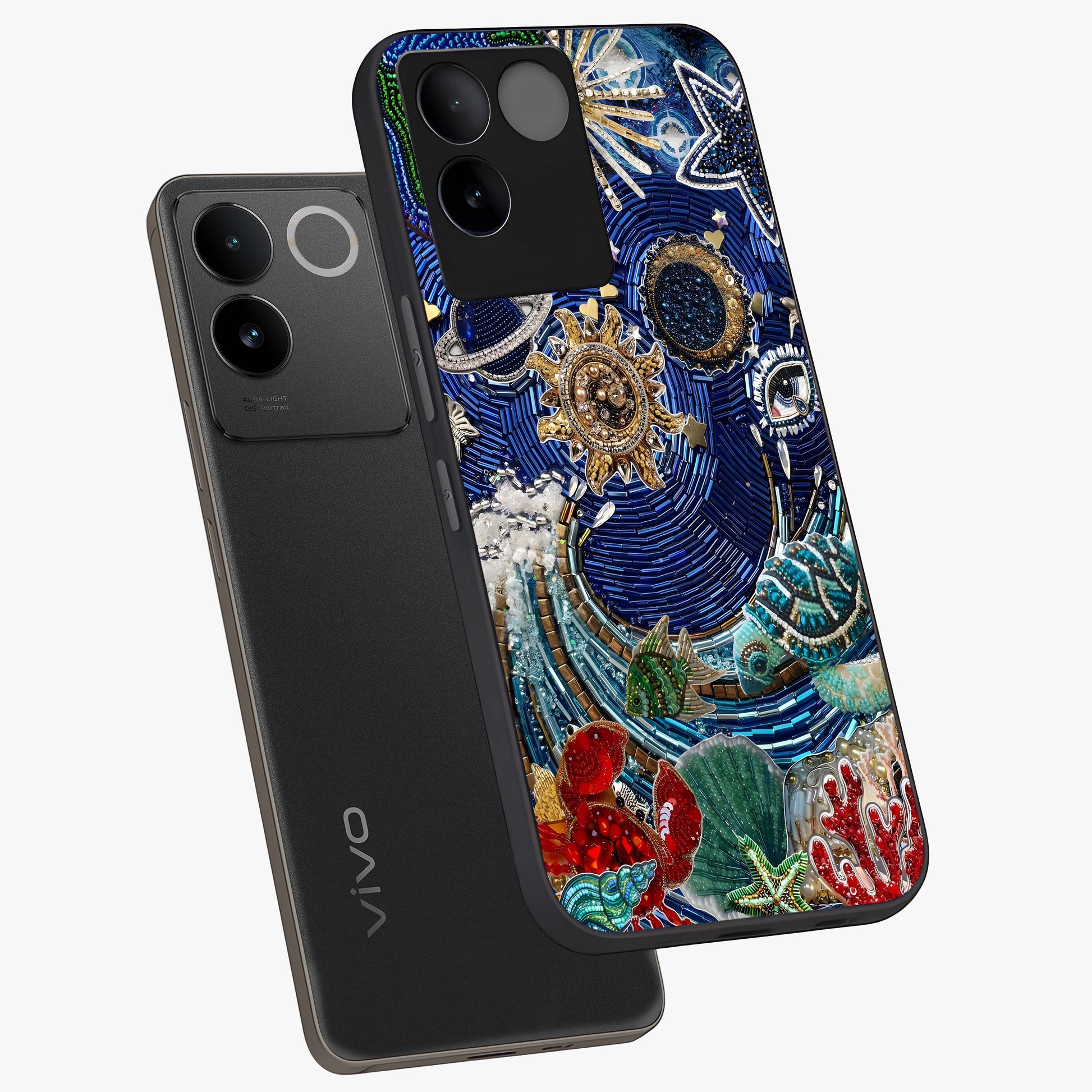 Universe Underwater Spark Glass Case displayed in angled mockup highlighting glowing aquatic design with celestial aesthetic.