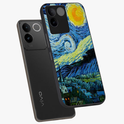 Van Gogh Art Glass Case displayed in angled mockup highlighting swirling brushstroke design with artistic aesthetic.