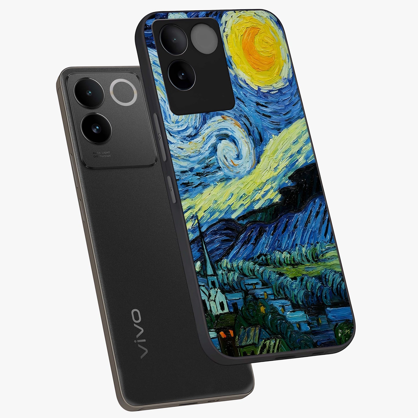 Van Gogh Art Glass Case displayed in angled mockup highlighting swirling brushstroke design with artistic aesthetic.