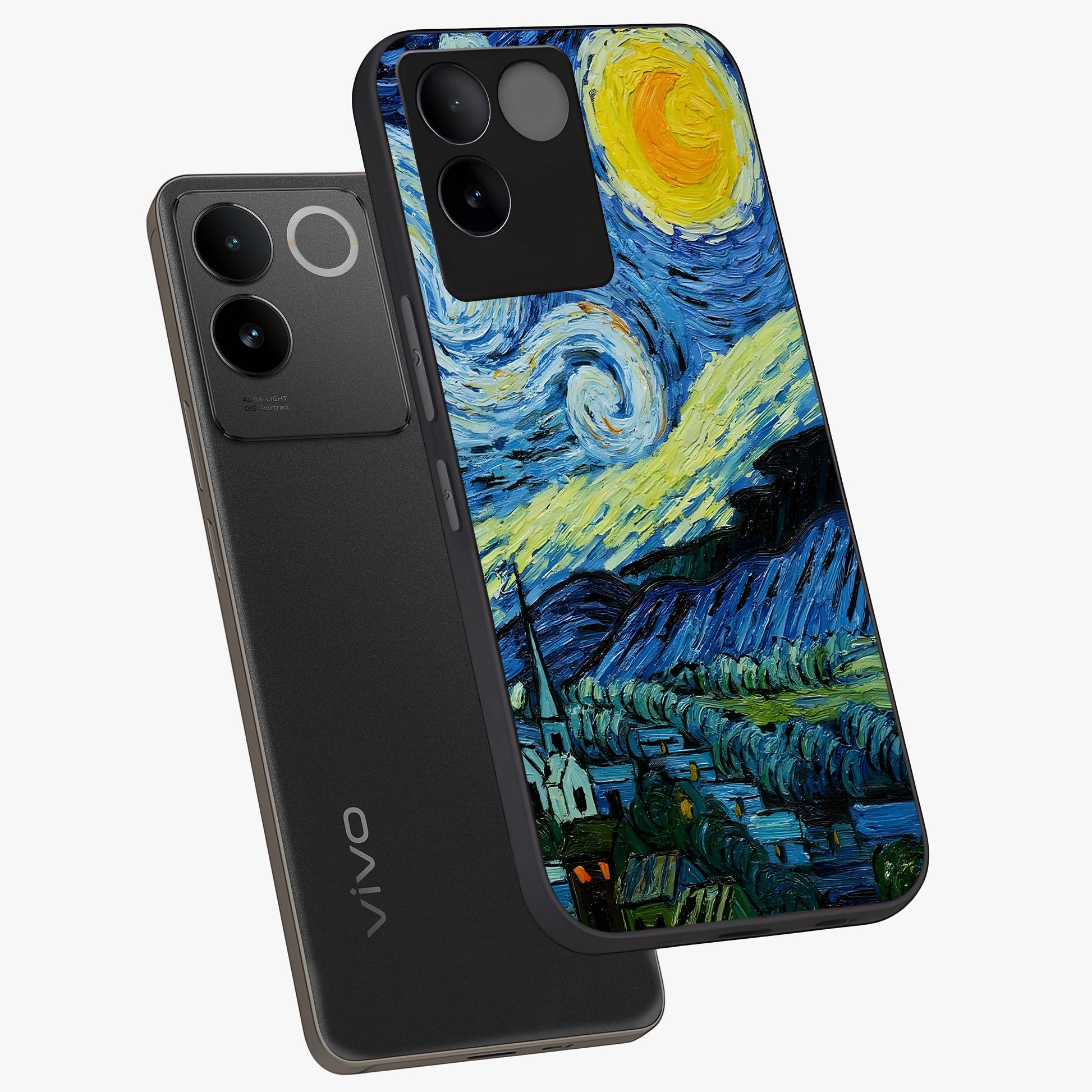 Van Gogh Art Glass Case displayed in angled mockup highlighting swirling brushstroke design with artistic aesthetic.