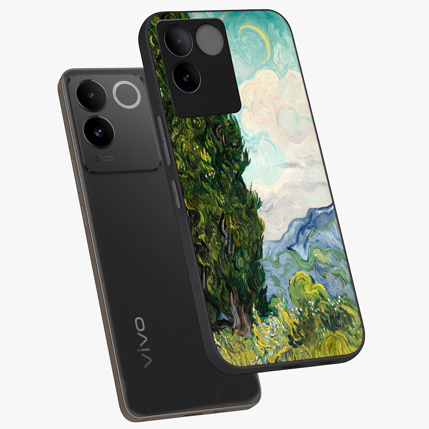 Van Gogh Vintage Art Glass Case displayed in angled mockup highlighting textured brushstroke design with classic aesthetic.