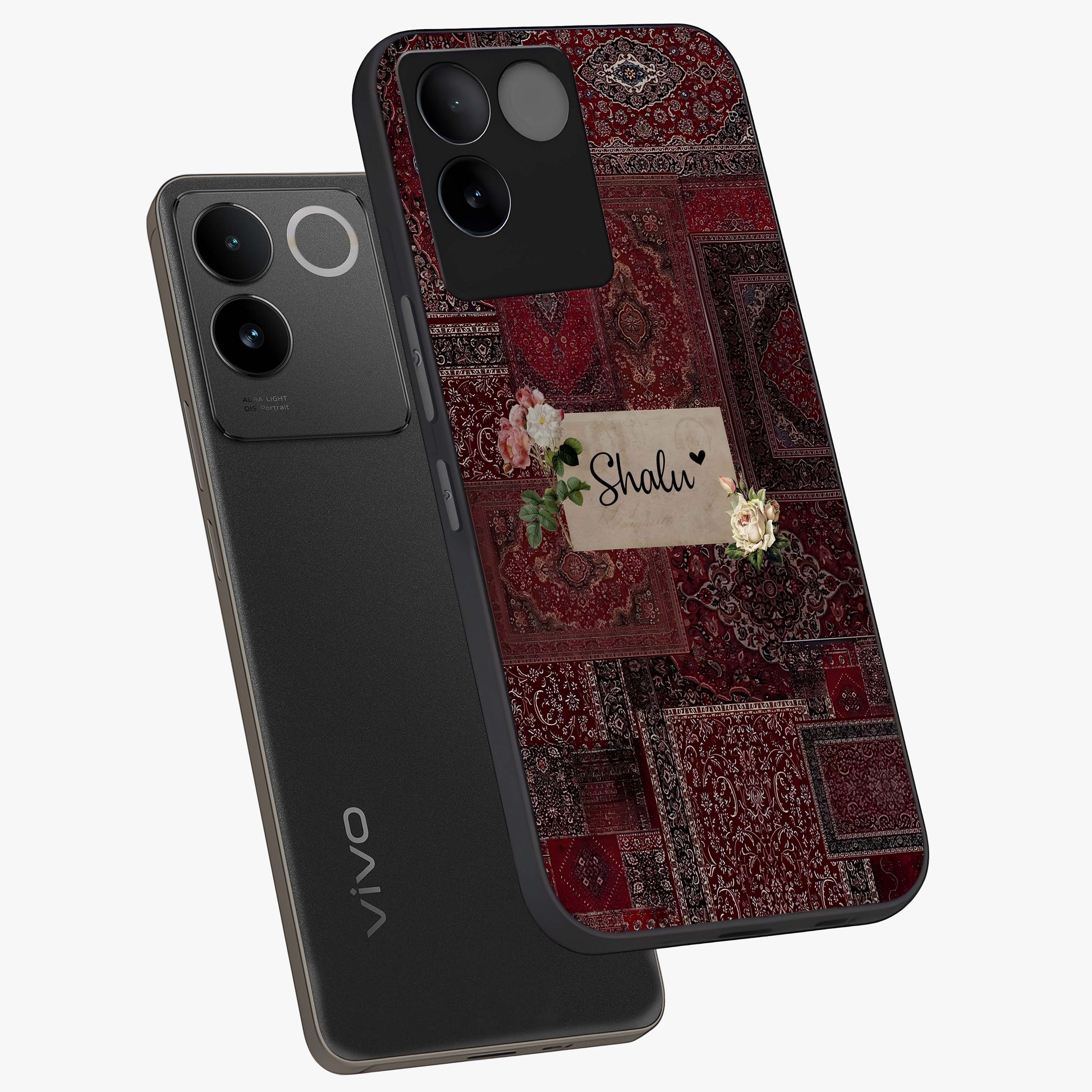 Velvet Wine Pattern Custom Name Glass Case displayed in angled mockup highlighting decorative velvet inspired design with custom name feature.