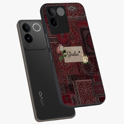 Velvet Wine Pattern Custom Name Glass Case displayed in angled mockup highlighting decorative velvet inspired design with custom name feature.