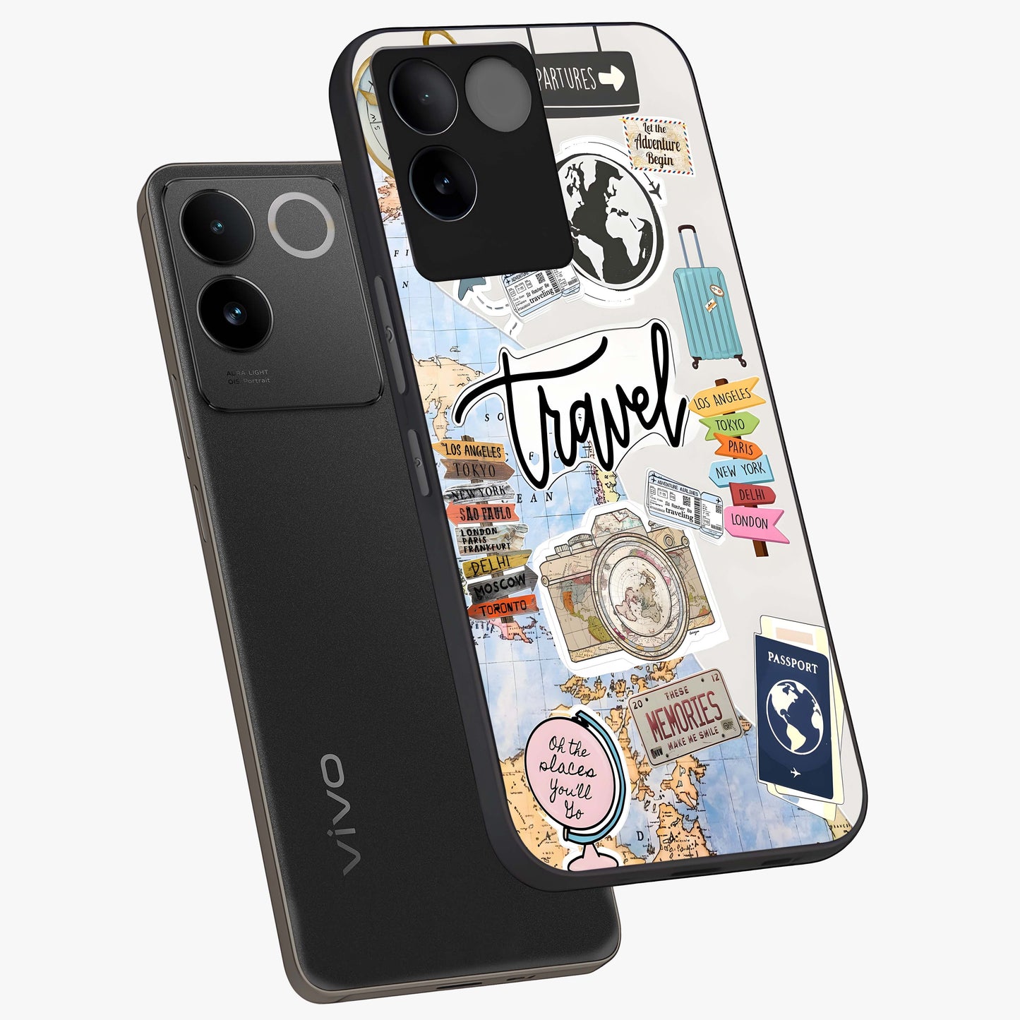 Wanderlust Journal Glass Case displayed in angled mockup highlighting adventure themed design with aesthetic travel vibe.
