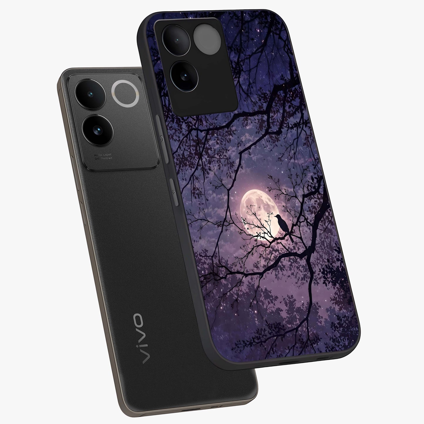 Whispering Moon Silence Glass Case displayed in angled mockup highlighting calm lunar design with dreamy night aesthetic.