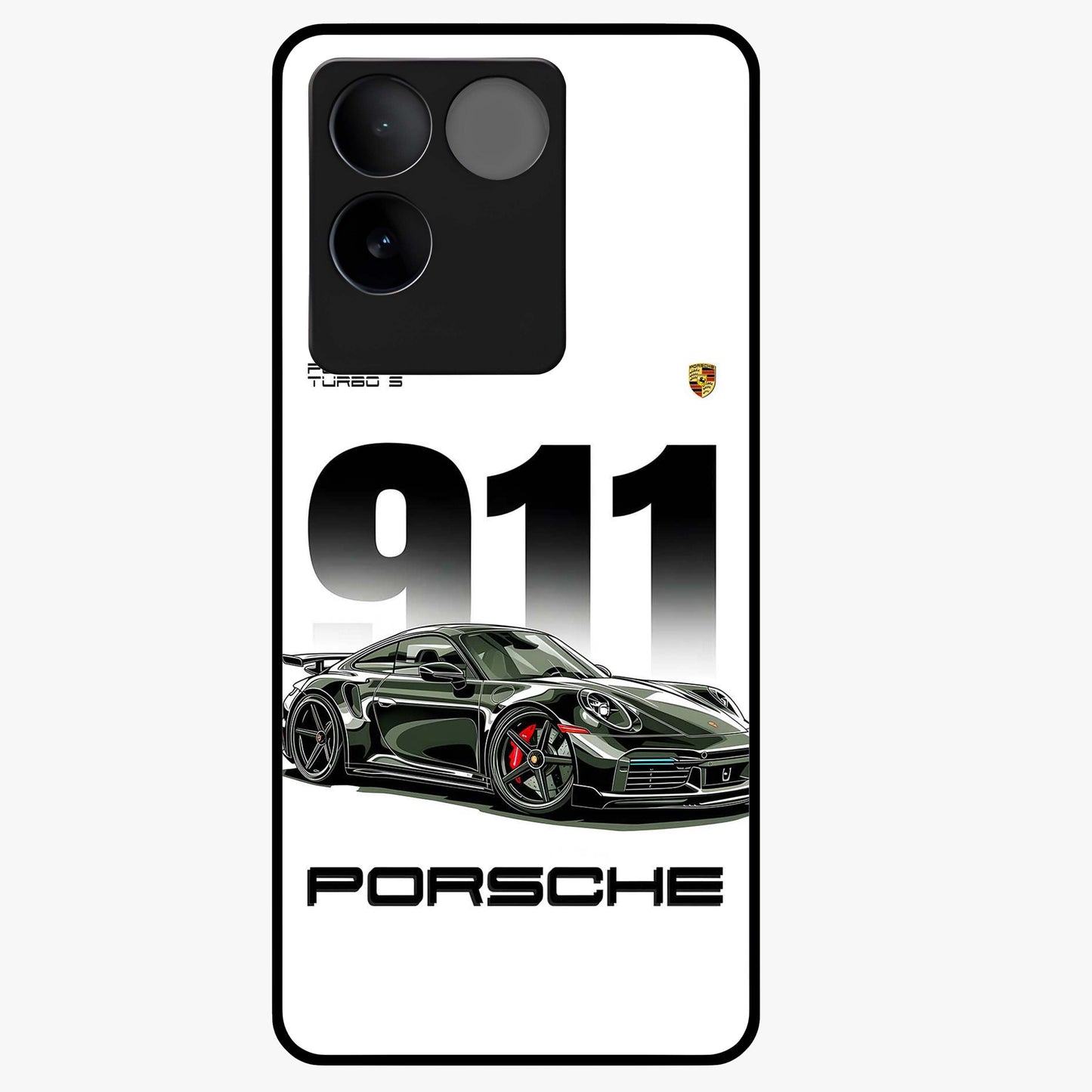 911 Turbo Dominance Glass Case showing clean flat back view with bold 911 sports car artwork and glossy glass finish.