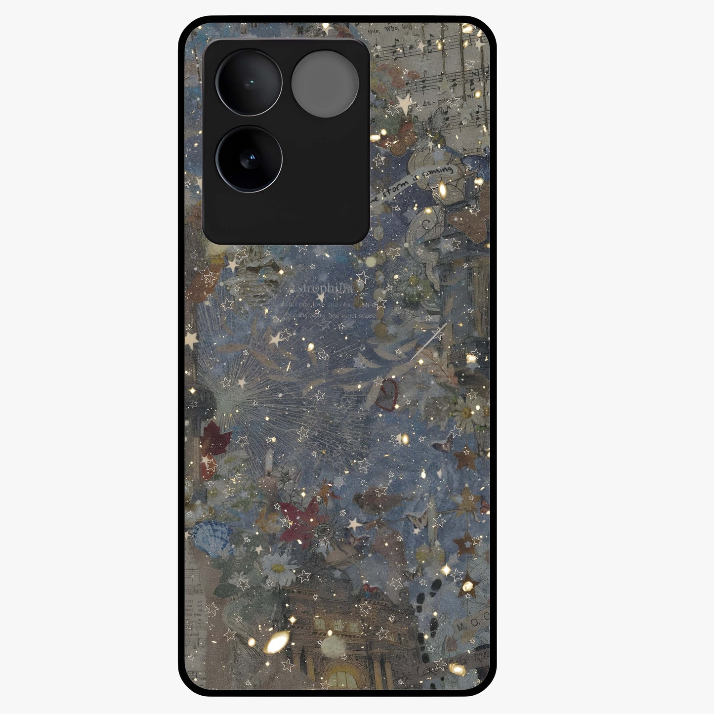 Aesthetic Astrolophia Glass Case showing flat back view with dreamy aesthetic design and glossy glass finish.
