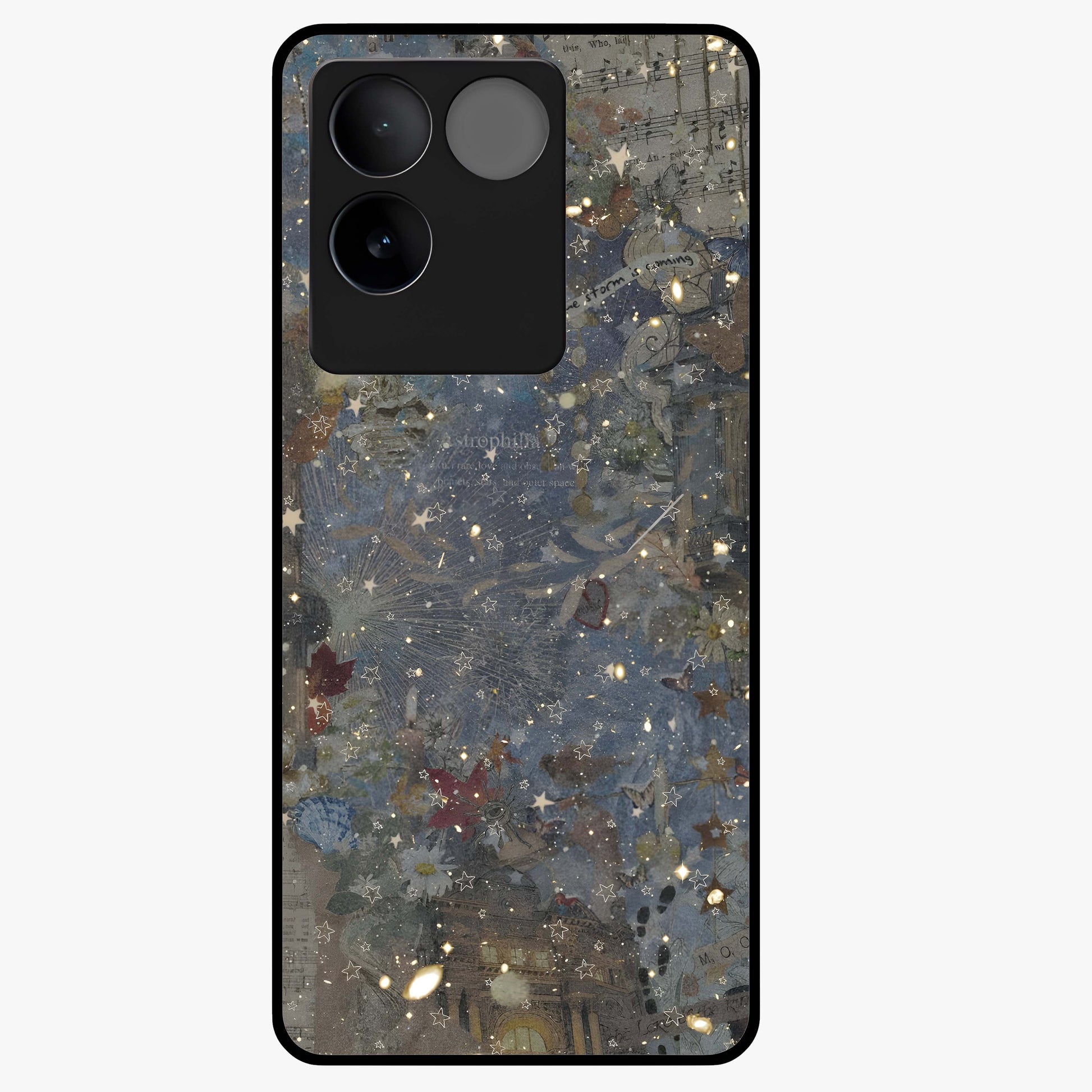 Aesthetic Astrolophia Glass Case showing flat back view with dreamy aesthetic design and glossy glass finish.