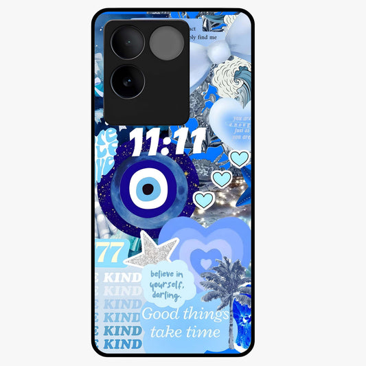 Aesthetic Be Kind Eye Glass Case showing flat back view with motivational eye artwork and glossy glass finish.