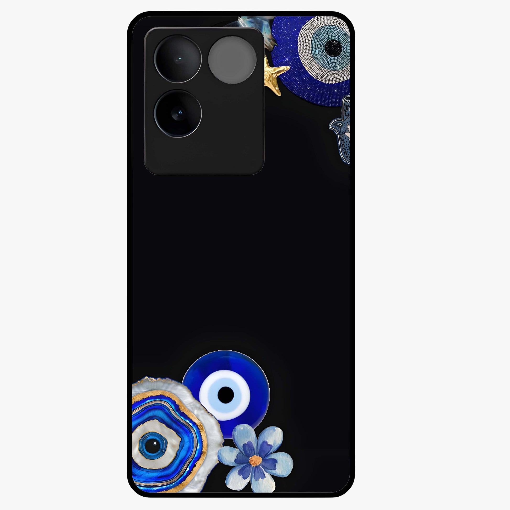 Aesthetic Blue Evil Eye Glass Case showing flat back view with protective evil eye artwork and glossy glass finish.