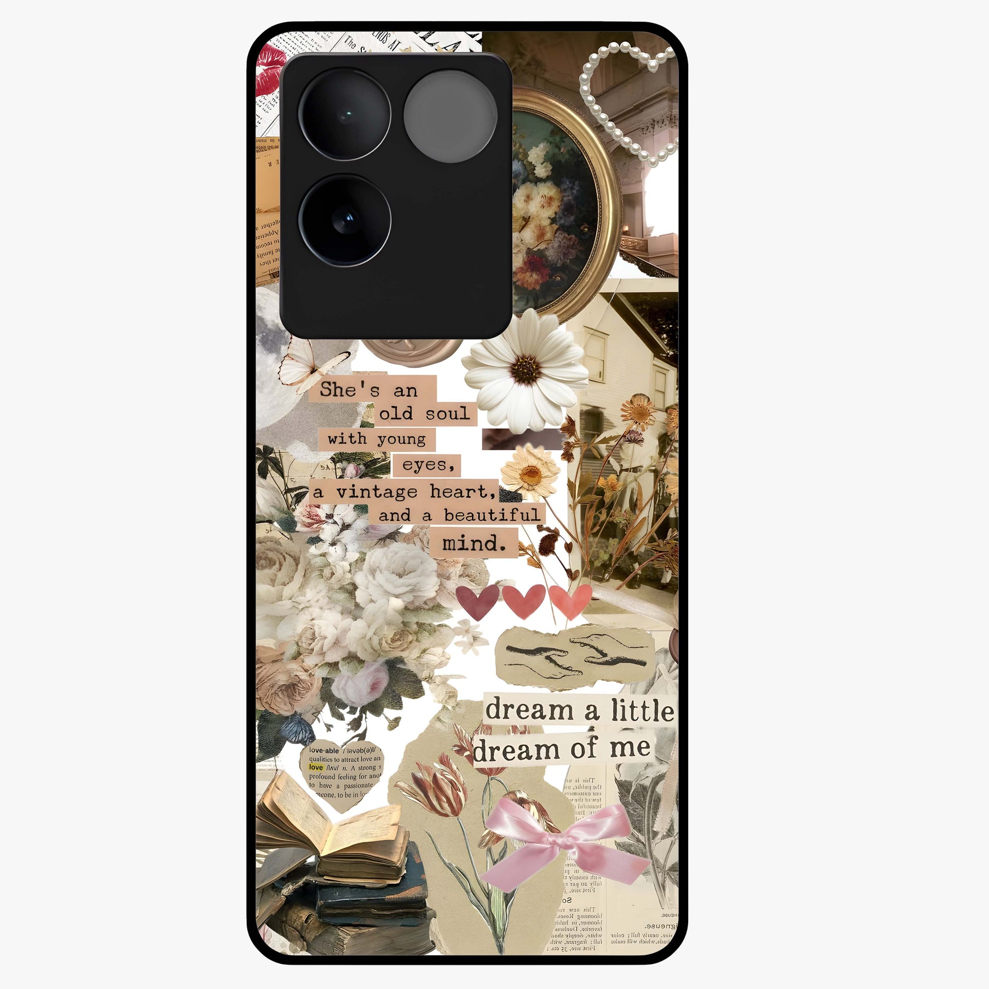 Aesthetic Brown Vintage Collage Glass Case showing flat back view with retro collage artwork and glossy glass finish.