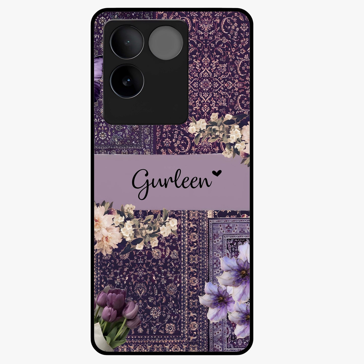Antique Floral Whisper Custom Name Glass Case showing flat back view with vintage floral artwork and personalized name design.