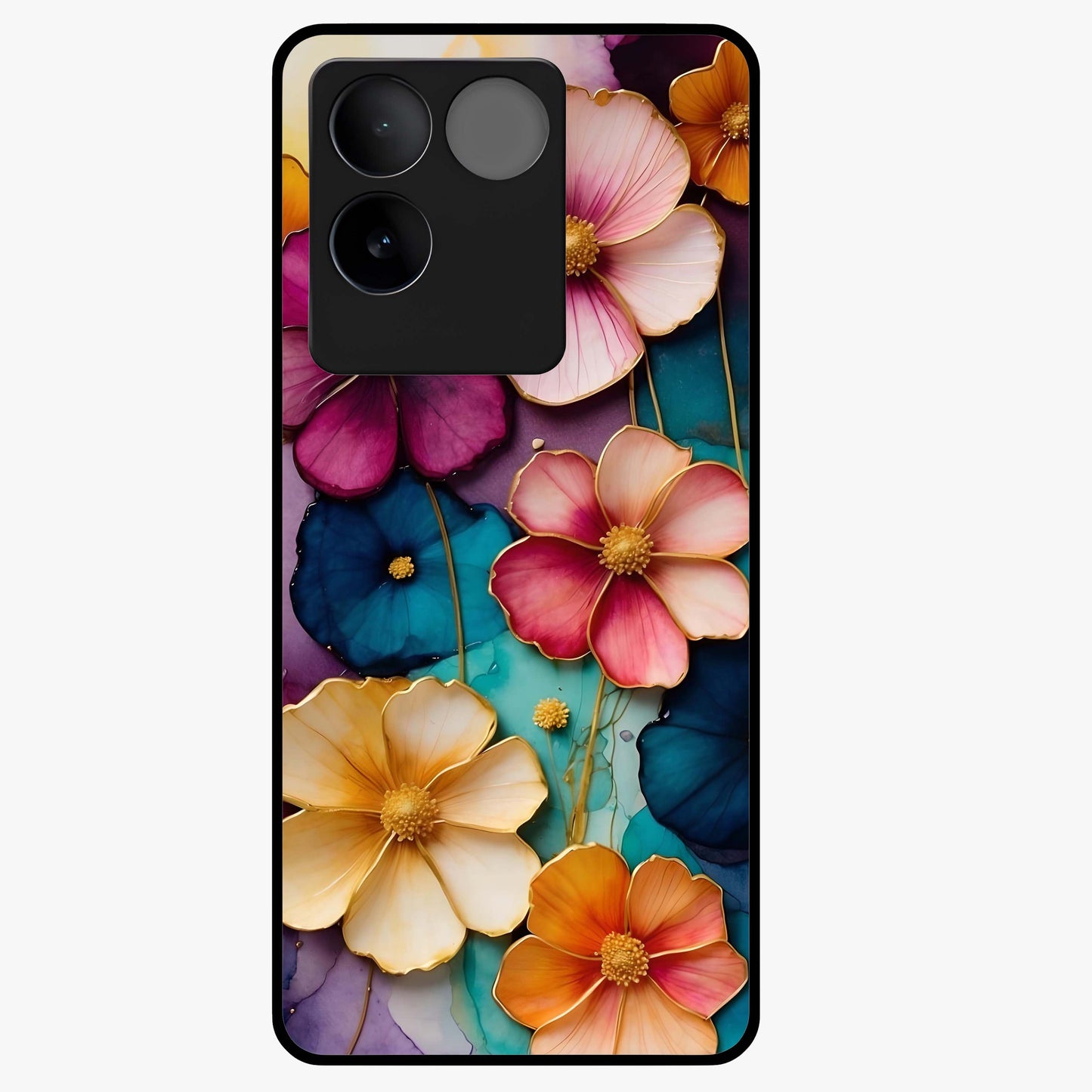 Artlyn Grace Flower Pattern Glass Case showing flat back view with elegant floral pattern artwork and glossy glass finish.