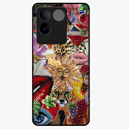 Beaded Fashion Jungle Glass Case showing flat back view with vibrant jungle inspired bead artwork and glossy glass finish.