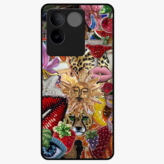 Beaded Fashion Jungle Glass Case showing flat back view with vibrant jungle inspired bead artwork and glossy glass finish.