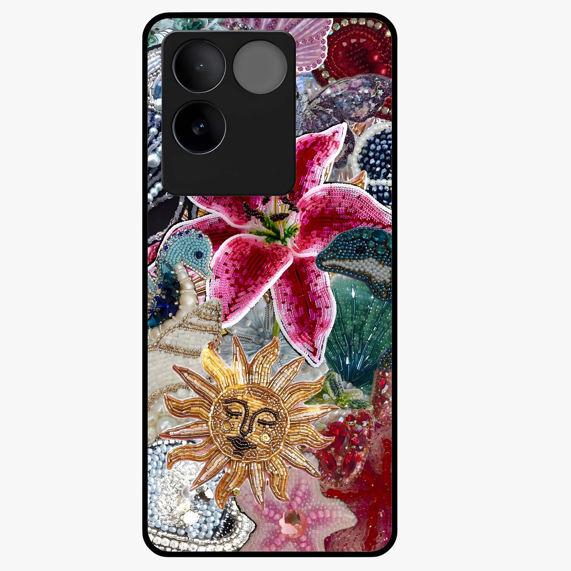 Beaded Garden Fantasy Glass Case showing flat back view with dreamy garden bead artwork and glossy glass finish.
