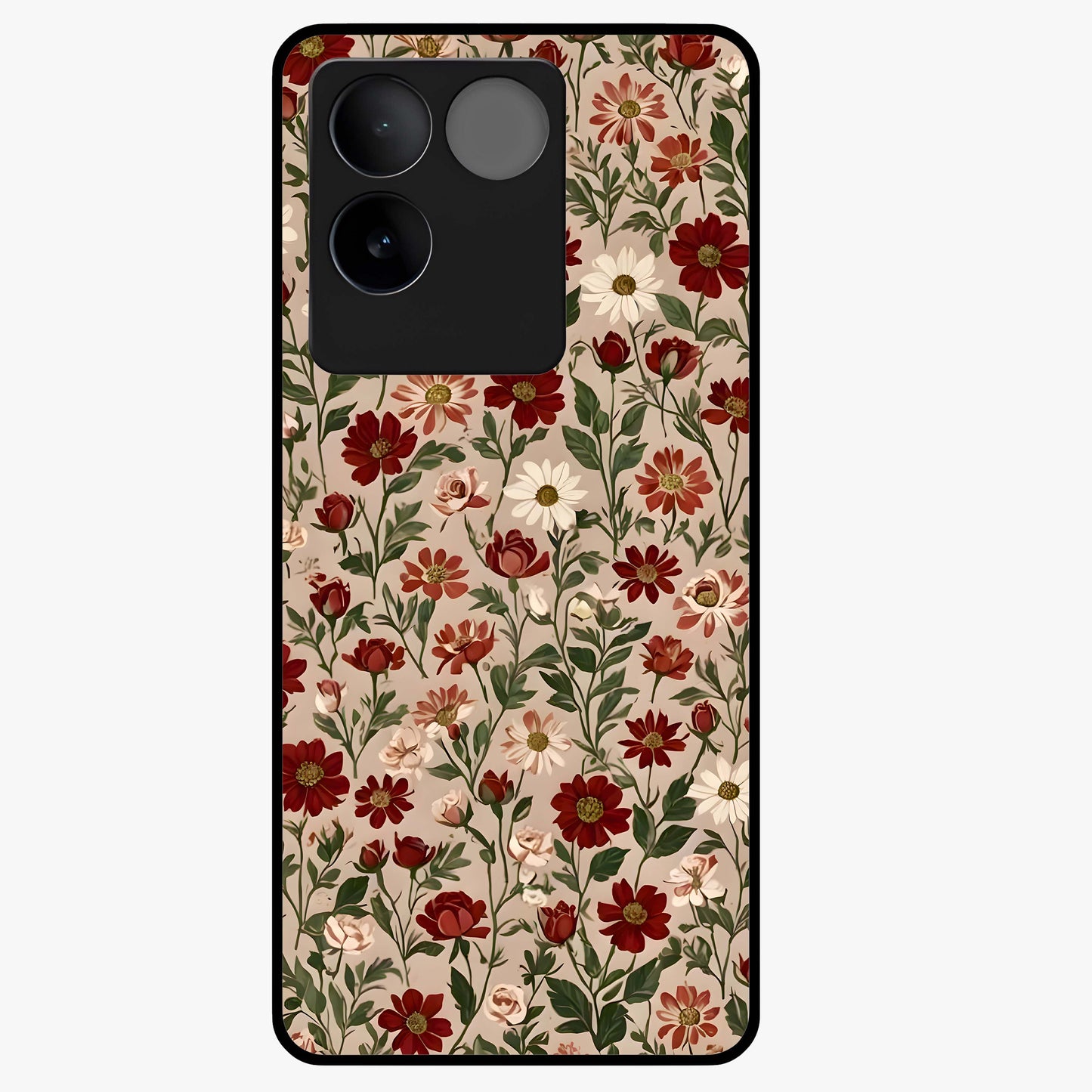 Biege Flower With Leaf Glass Case showing flat back view with soft beige floral artwork and glossy glass finish.