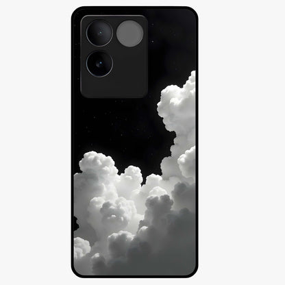 Black Background With White Cloud Glass Case showing flat back view with minimal cloud artwork on dark background and glossy glass finish.