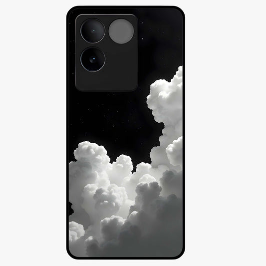 Black Background With White Cloud Glass Case showing flat back view with minimal cloud artwork on dark background and glossy glass finish.