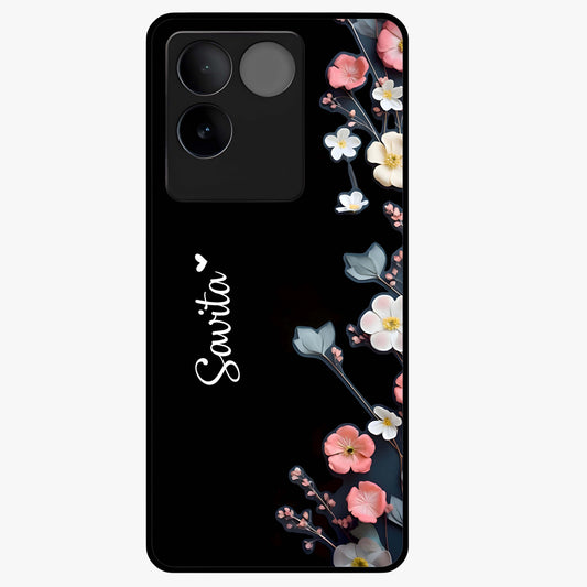 Black Elegance Floral Custom Name Glass Case showing flat back view with elegant floral artwork and personalized name design.