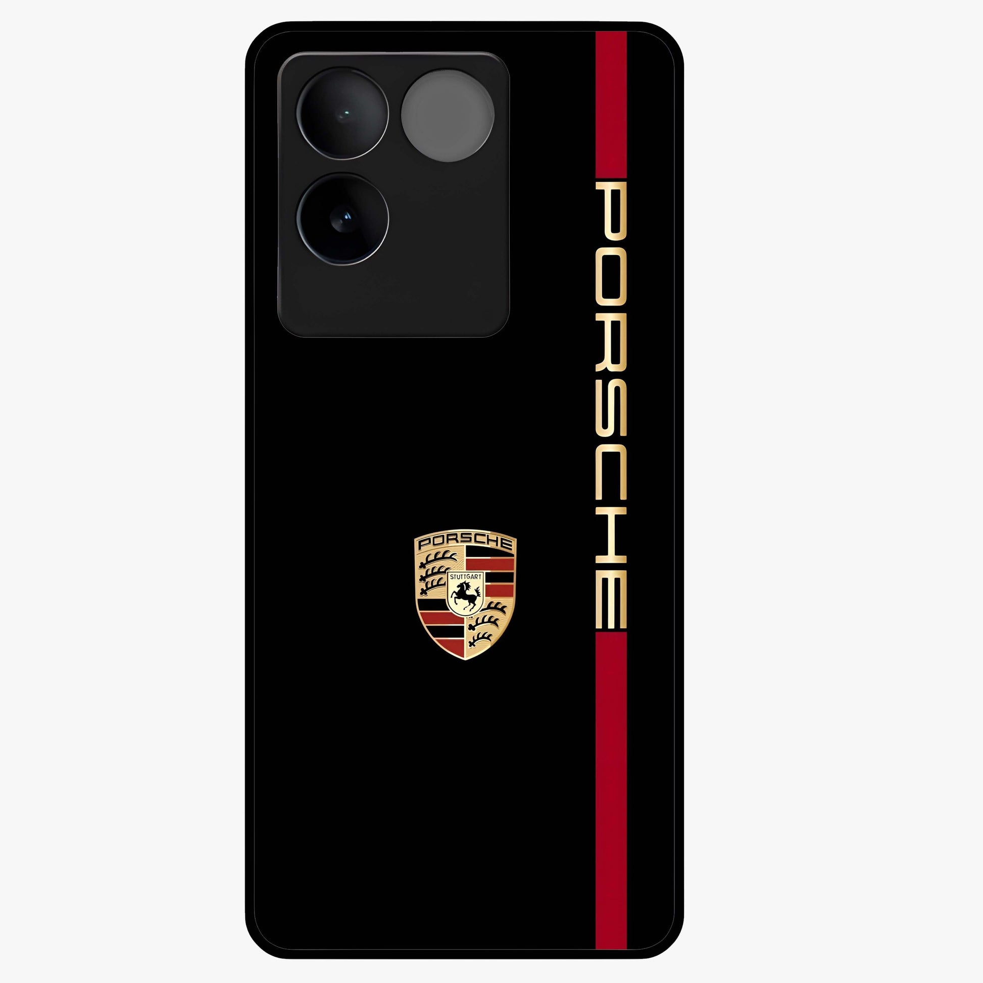 Black Minimal Porsche Glass Case showing flat back view with sleek minimal sports car artwork and glossy glass finish.