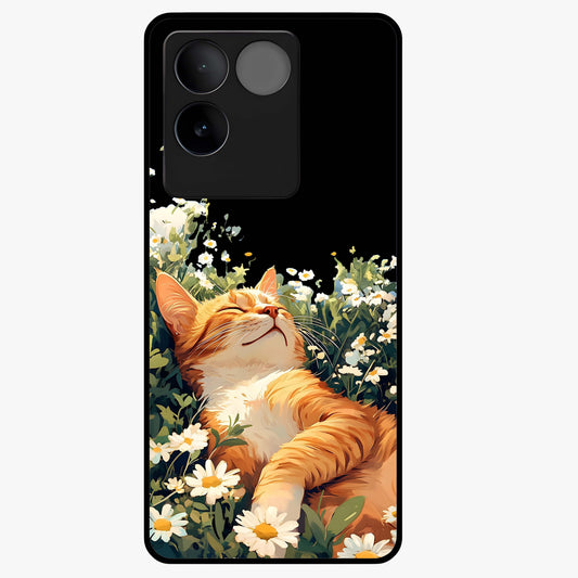 Blissful Bloom Cat Glass Case showing flat back view with cute cat and floral bloom artwork and glossy glass finish.