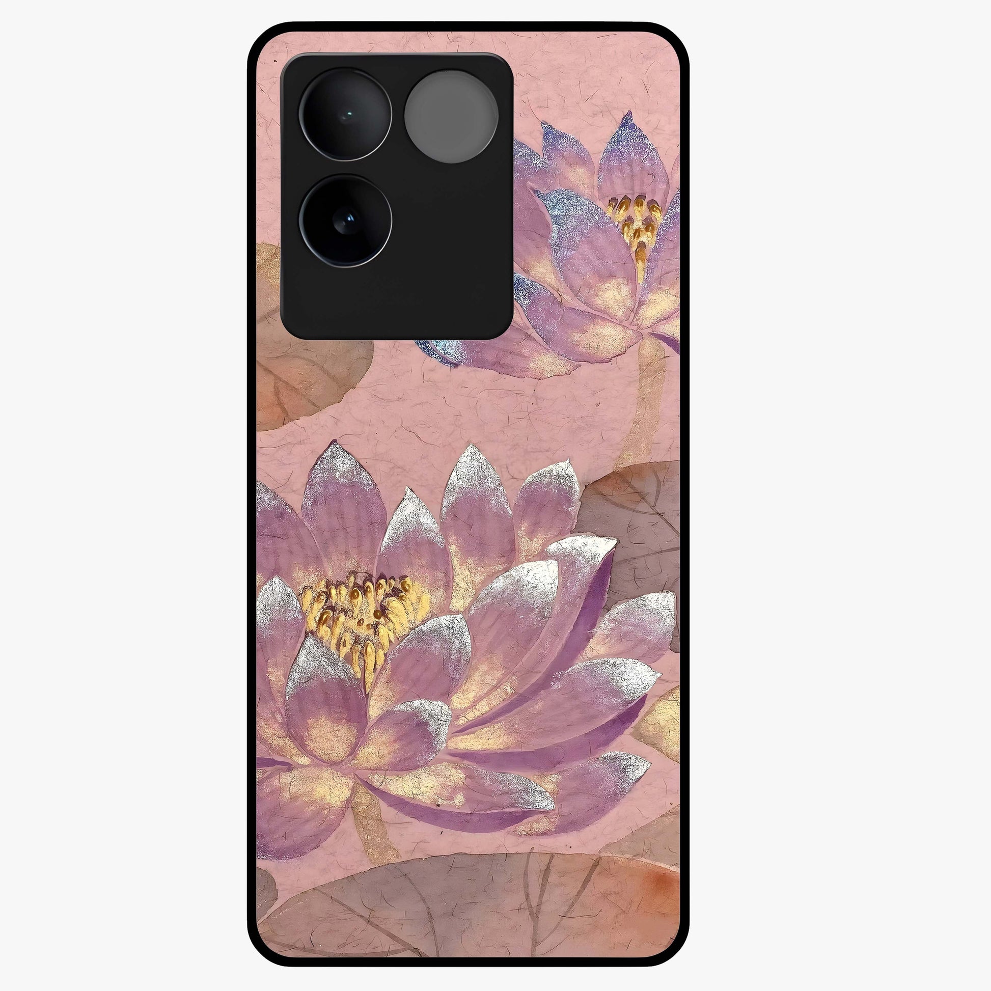 Blossom Mist Lotus Glass Case showing flat back view with serene lotus blossom artwork and glossy glass finish.