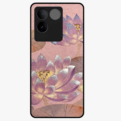 Blossom Mist Lotus Glass Case showing flat back view with serene lotus blossom artwork and glossy glass finish.