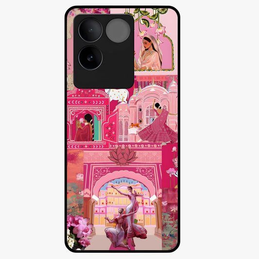 Blossoms of Rajasthan Glass Case showing flat back view with traditional floral artwork inspired by Rajasthan and glossy glass finish.