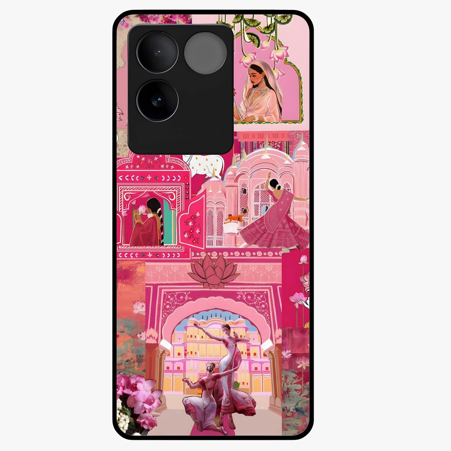 Blossoms of Rajasthan Glass Case showing flat back view with traditional floral artwork inspired by Rajasthan and glossy glass finish.