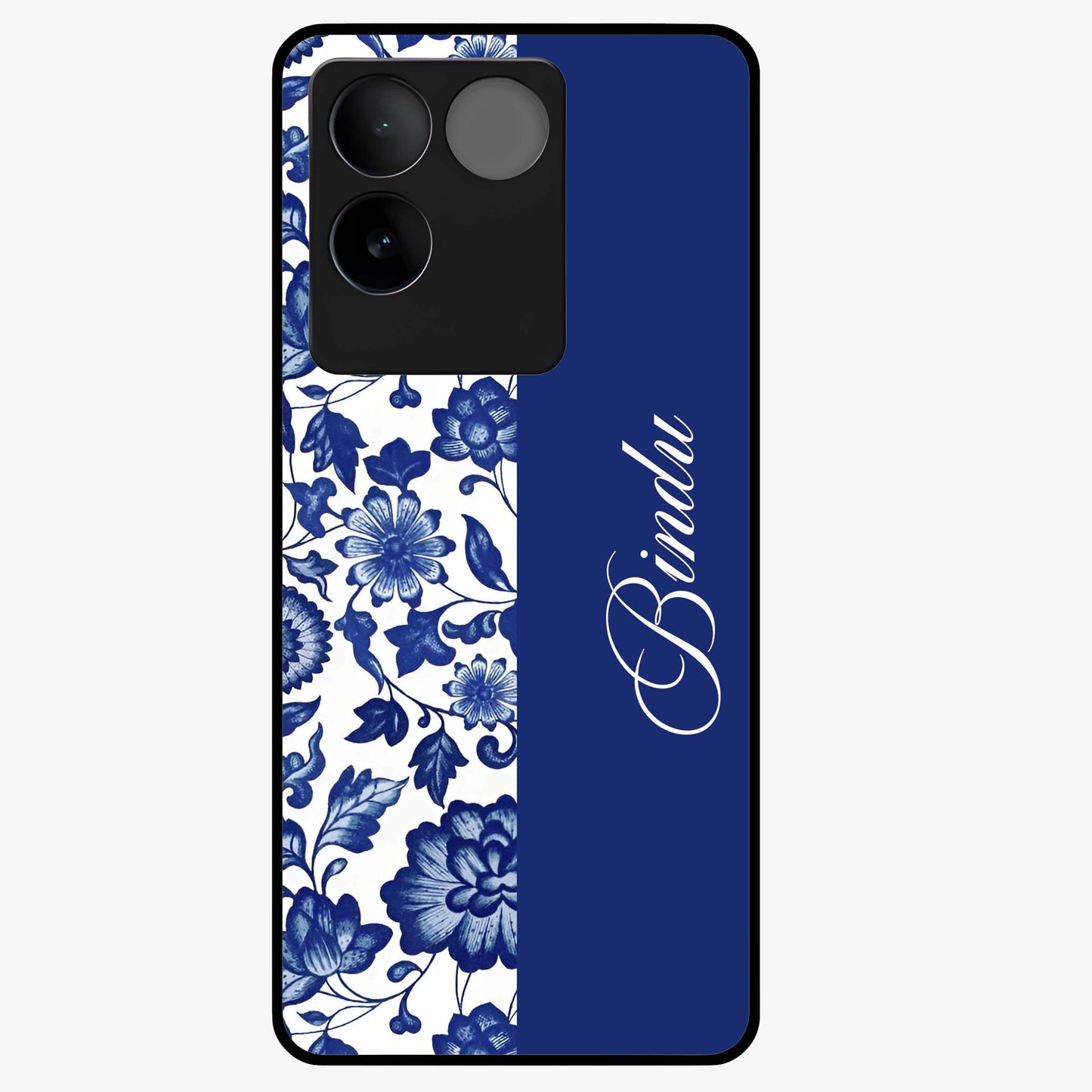 Blue Vintage Floral Pattern Glass Case upright view showcasing timeless floral illustration with vintage inspired style.