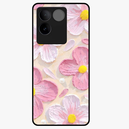 Blush Bloom Texture Glass Case showing flat back view with soft blush floral texture artwork and glossy glass finish.
