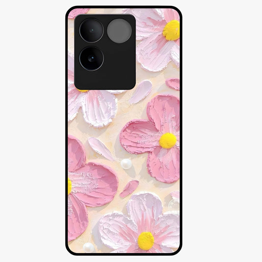 Blush Bloom Texture Glass Case showing flat back view with soft blush floral texture artwork and glossy glass finish.