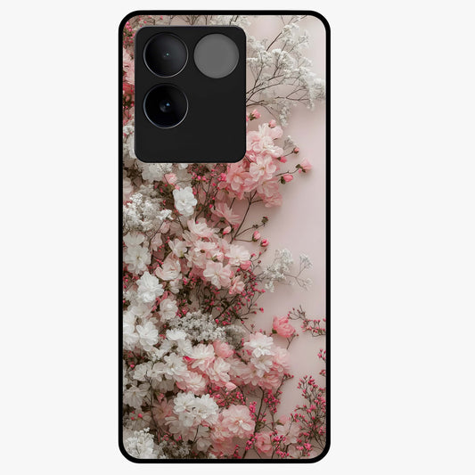 Blush Blossom Cloud Glass Case showing flat back view with dreamy blush cloud blossom artwork and glossy glass finish.
