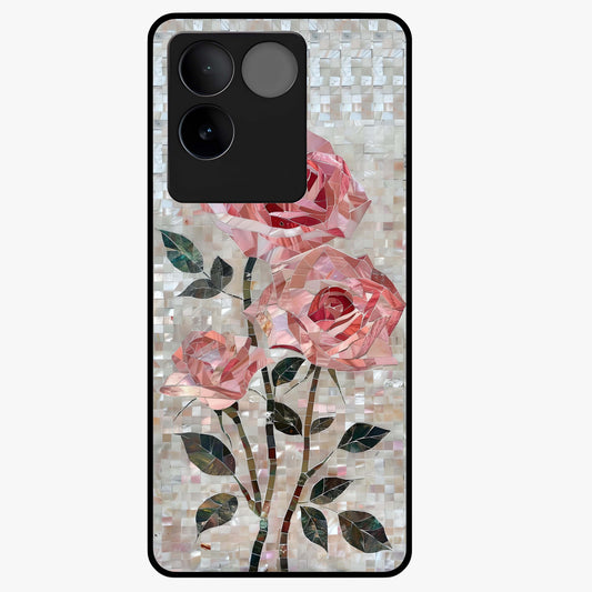 Blush Mosaic Bloom Glass Case showing flat back view with mosaic floral bloom artwork and glossy glass finish.