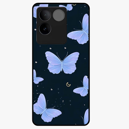 Butterfly With Stars Pattern Glass Case showing flat back view with butterfly and star pattern artwork and glossy glass finish.