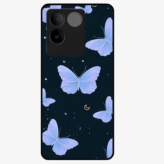 Butterfly With Stars Pattern Glass Case showing flat back view with butterfly and star pattern artwork and glossy glass finish.
