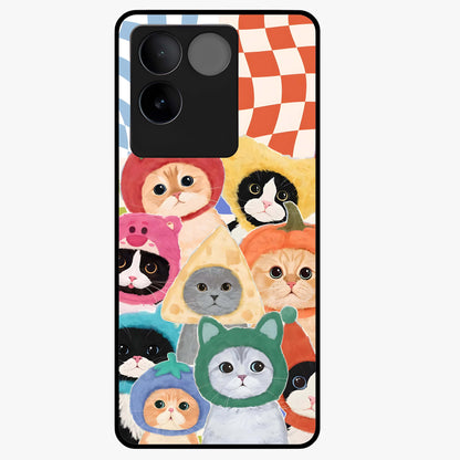 Cats in Fruits Glass Case showing flat back view with playful cat illustrations inside fruit artwork and glossy glass finish.
