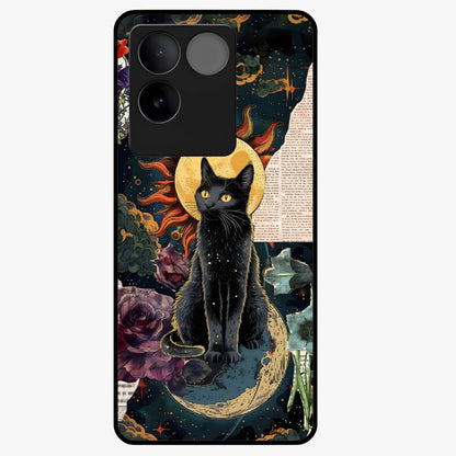Celestial Black Cat Glass Case showing flat back view with mystical black cat artwork and glossy glass finish.