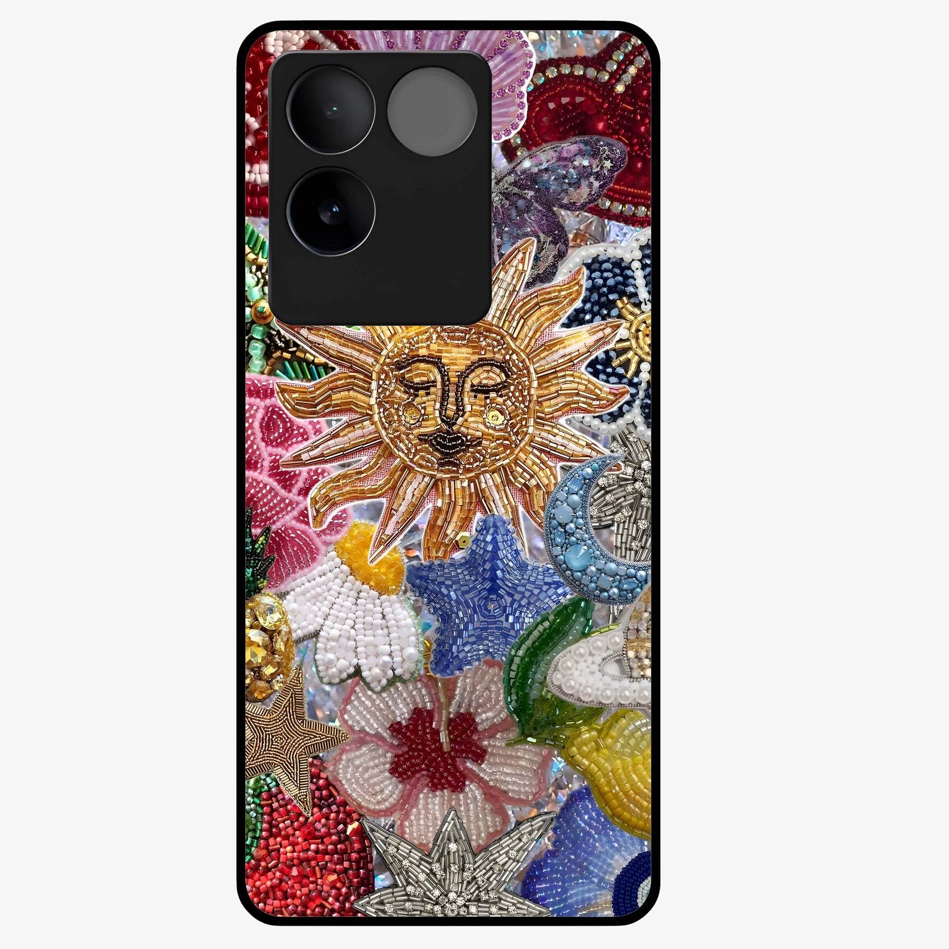 Celestial Floral and Playful Glass Case showing flat back view with floral and celestial themed artwork and glossy glass finish.